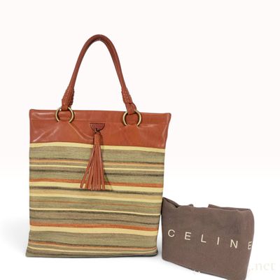 Sale Photo Thumbnail #343: Vintage Celine Border Striped Multicolor Canvas and Leather Tote Bag with Dust Bag