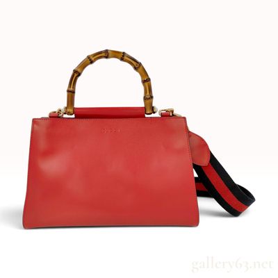 Sale Photo Thumbnail #292: Gucci Small Hibiscus Red Leather Nymphaea Bamboo Top Handle Bag