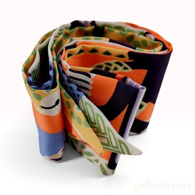 Sale Photo Thumbnail #177: Hermes Orange and Navy Equestrian Motif Silk Twilly Scarf