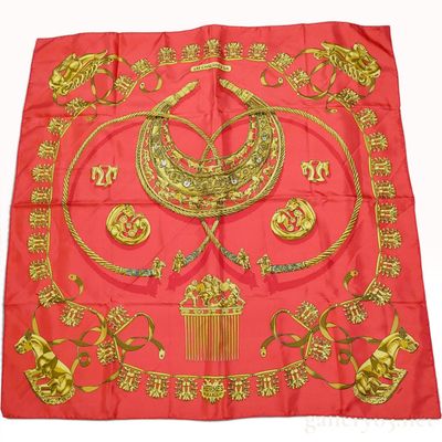 Sale Photo Thumbnail #470: Vintage Hermes Les Cavaliers d'Or (The Golden Horsemen) Red and Gold Silk Carre 90