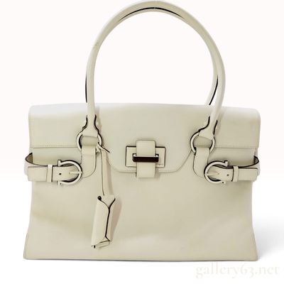 Sale Photo Thumbnail #26: Salvatore Ferragamo Gancini Cream Leather Satchel with Wood Hardware