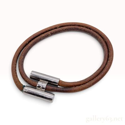 Sale Photo Thumbnail #182: Vintage Hermes Tourni Tresse Brown Leather Double Wrap Bracelet with Box