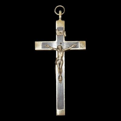 Sale Photo Thumbnail #313: 4" 1880s-1920s Nun Pectoral Cross, Silvertone Crucifix with Ebony Wood Inlay