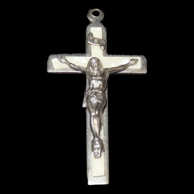 Sale Photo Thumbnail #316: 2 1/8" German Nun Pectoral Cross, 1880s-1920s, Silvertone Crucifix with Mother of Pearl Inlay