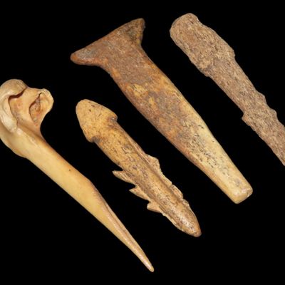 Sale Photo Thumbnail #456: Lot of Alaskan Eskimo Tools, Awls, Harpoon Head, and Plug, Fine Examples