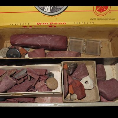 Sale Photo Thumbnail #497: Box of Broken Catlinite Discs and Historic Pipes, Dakotas