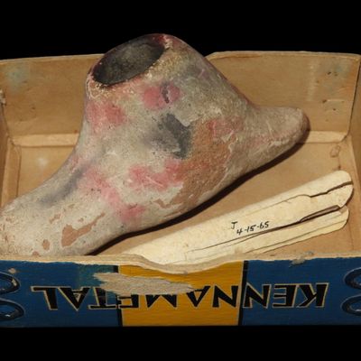 Sale Photo Thumbnail #469: Rare 4" Early Historic Pottery Pipe with White Paint Pigment, Found with Bone Awl