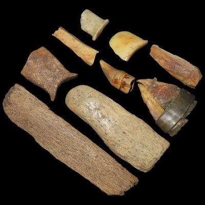 Sale Photo Thumbnail #470: Lot of Alaskan Eskimo Lip Plugs, Teeth, Pendants, and Tools
