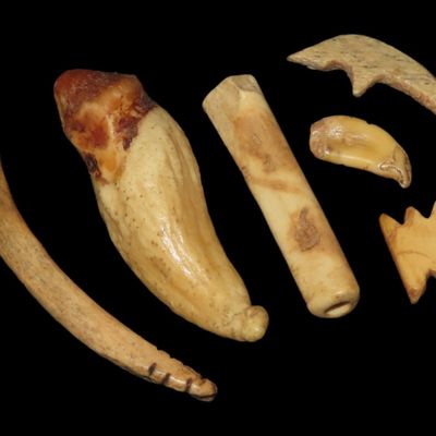 Sale Photo Thumbnail #458: Lot of Miscellaneous Eskimo and Alaskan Tools, Effigies, Tooth Pendant, and Bone Bead, Great Polish