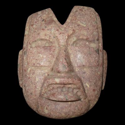 Sale Photo Thumbnail #335: 6 3/4" x 5 5/8" Pre-Columbian Olmec Mask, Mexico, Made of a colorful hardstone material