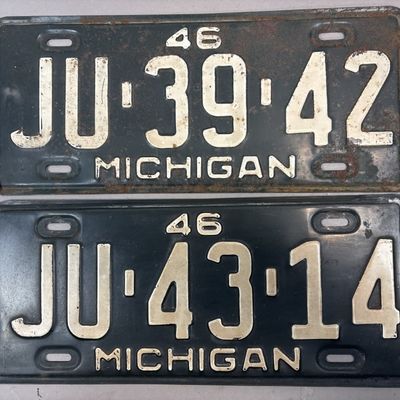 Pair 1946 Michigan JU3943 & JU4314 License Plates