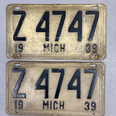 Pair of 1939 Michigan Z4747 Vintage License Plates
