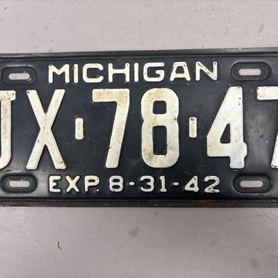 1941 Michigan JX.78.47 Exp 8-31-47 License Plate