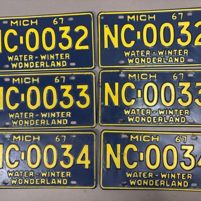 3 Pairs 1967 Michigan Consecutive License Plates