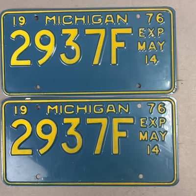 Pair 1976 Michigan 2937F Exp May 14 License Plates