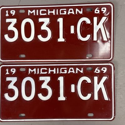 Pair 1969 Vintage Michigan License Plates