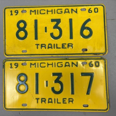 Pair 1960 Michigan Trailer Consecutive Plates