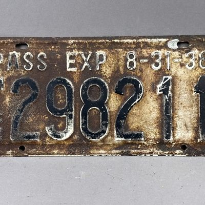 1938 Michigan 298211 Exp 8-31-38 License Plate