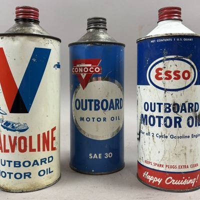 Lot 3 Cone Top Outboard Motor Oil Cans Esso Conoco