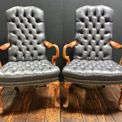 Pair Navy Genuine Leather Tufted Goose Neck Chair