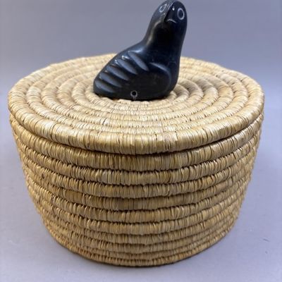 Inuit Basket with Soapstone Bird Carving
