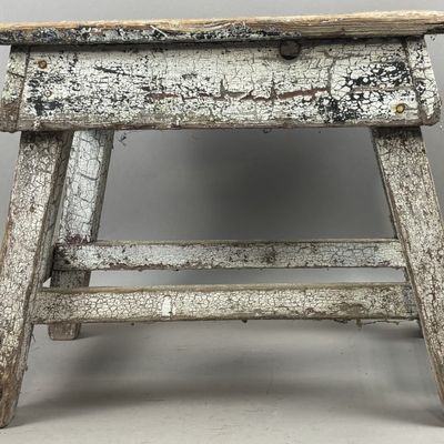 Antique Primitive Painted White Milking Stool