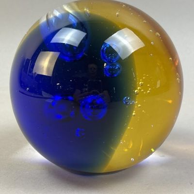 4.5" Bubble Blue Amber Sphere Glass Paperweight