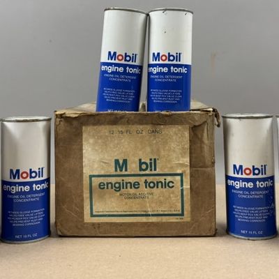 Lot 8 Mobil Engine Tonic Full 15 Oz Metal Cans Box