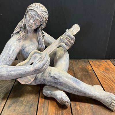 Vintage MCM Nude Woman Playing Guitar Sculpture