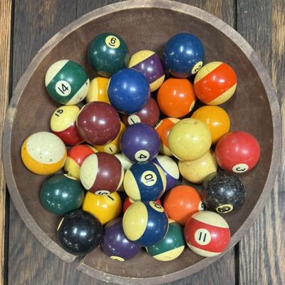 Primitive Wooden Bowl w/ 34 Billiard Pool Balls