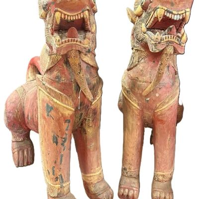 1800s Pair Tibetan Painted Wood Foo Dragons RARE