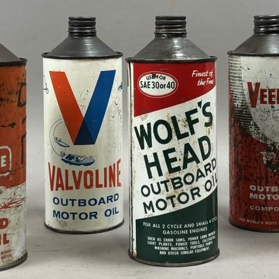 Lot 6 Cone Top Marine Outboard Quart Oil Cans