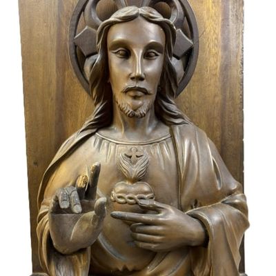Antique Jesus Christ Carved Sacred Heart 2' Statue