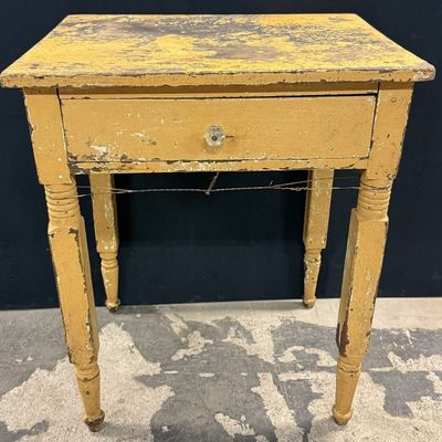 Antique 1880s Mustard Milk Painted 1 Drawer Stand
