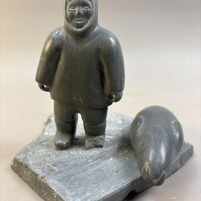 Inuit Soapstone Seal Hunter with Seal Carving
