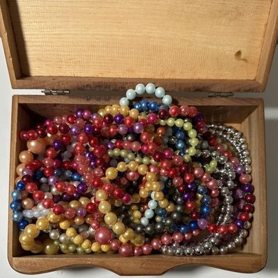 Vintage Wooden Jewelry Trinket Box filled with