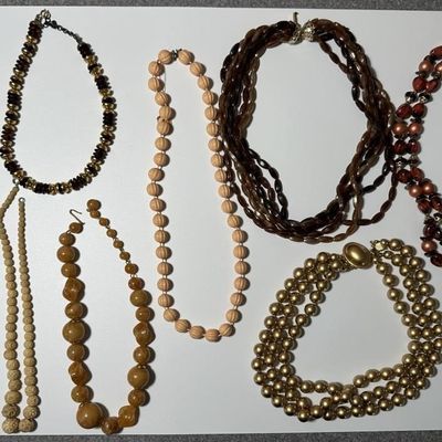 Vintage Brown, Amber & Gold Tone Beaded Necklaces