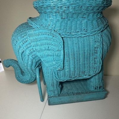 Sale Photo Thumbnail #121: Vintage Turquoise Woven Wicker Elephant Side