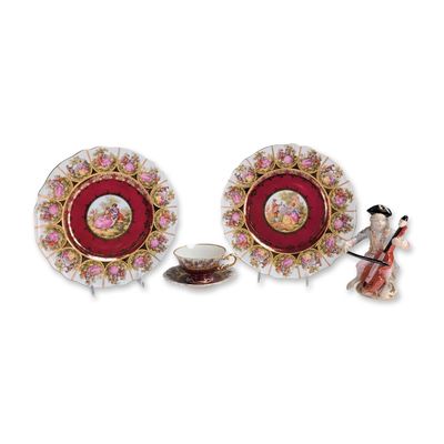 5pc Germany Porcelain Cabinet Plates, Cup and Saucer, and Monkey Musician Figurine