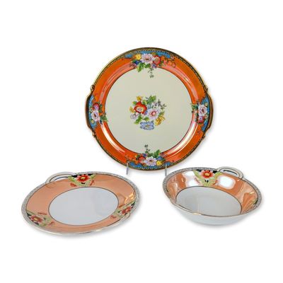 3pc Noritake Hand Painted Orange Lusterware Serving Plate and Bowl with Saucer