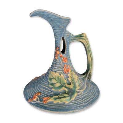 Roseville Art Bushberry Blue Pottery Ewer