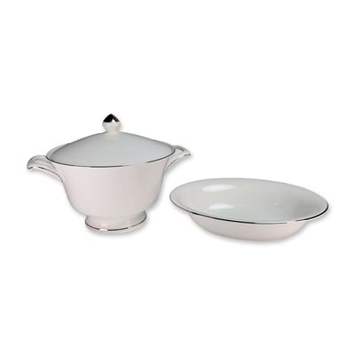 2pc Wedgwood Silver Ermine Bone China Lidded Tureen and Serving Bowl
