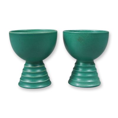 A Pair of Keith Murray for Wedgwood Art Deco Matte Green Glazed Footed Egg Cups