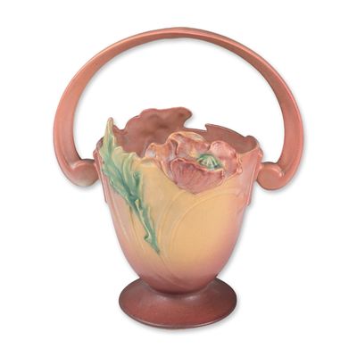 Roseville Pottery Basket, Pink Poppy