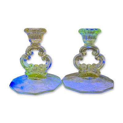 2pc Cambridge Cleo Style Etched Uranium Glass Keyhole Candlesticks