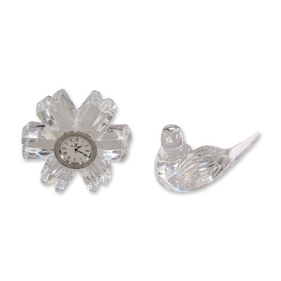 2pc Waterford Lead Crystal Bird Paperweight and Flower Clock