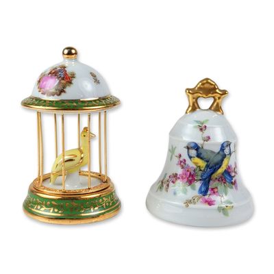 2pc Limoges France Porcelain Bird Figurine and Bell Grouping
