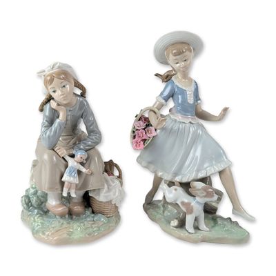 2pc Lladro Porcelain Figurines, Girl with Doll 1211 and Country Lass with Dog 4920