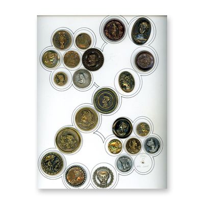 A CARD OF DIVISION ONE ASSORTED METAL PICTORIAL BUTTONS