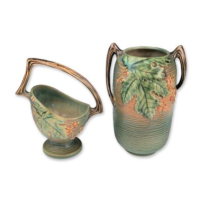 Roseville Art Pottery Vase and Basket Cachepot, Green Bushberry